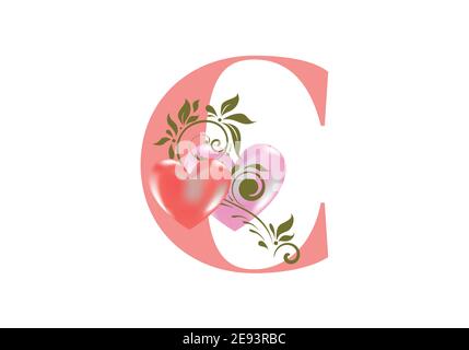 Alphabet floral, lettre C avec deux coeurs. Initiales du monogramme pour les invitations de mariage, la carte de vœux, etc. Concept de la Saint-Valentin Illustration de Vecteur