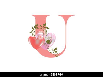 Alphabet floral, lettre U avec deux coeurs. Initiales du monogramme pour les invitations de mariage, la carte de vœux, etc. Concept de la Saint-Valentin Illustration de Vecteur