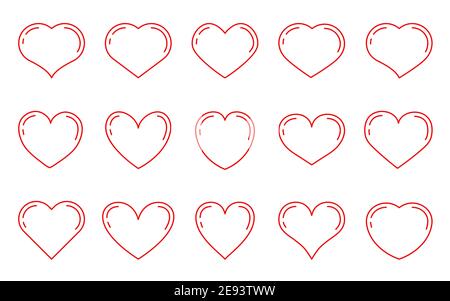 Jeu d'icônes de ligne rouge fine de coeur. Abstrait forme différente symbole romantique Saint Valentin. Cadre vide amour élément décoratif modèle pour carte d'invitation de mariage. Isolé sur une illustration vectorielle blanche Illustration de Vecteur
