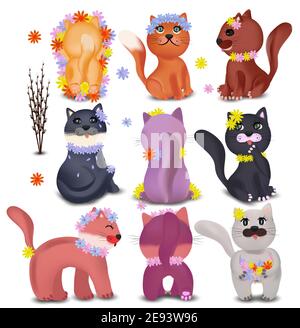 Chats mignons dans différentes poses avec des fleurs colorées. Chats domestiques, drôles sur fond blanc. Chats colorés et fleurs printanières. Icônes vectorielles Illustration de Vecteur