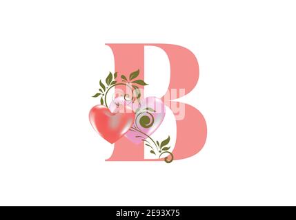 Alphabet floral, lettre B avec deux coeurs. Initiales du monogramme pour les invitations de mariage, la carte de vœux, etc. Concept de la Saint-Valentin Illustration de Vecteur