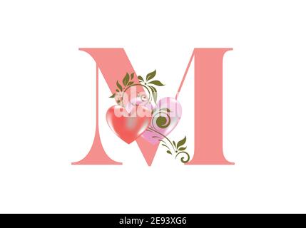 Alphabet floral, lettre M avec deux coeurs. Initiales du monogramme pour les invitations de mariage, la carte de vœux, etc. Concept de la Saint-Valentin Illustration de Vecteur