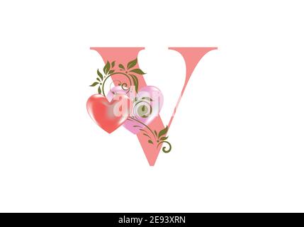 Alphabet floral, lettre V avec deux coeurs. Initiales du monogramme pour les invitations de mariage, la carte de vœux, etc. Concept de la Saint-Valentin Illustration de Vecteur