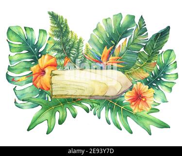 Composition avec plaque signalétique, fleurs et plantes tropicales. Aquarelle dessinée à la main sur fond blanc. Banque D'Images