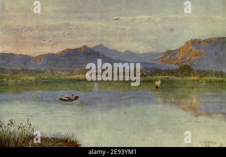 Au bord du lac, en regardant vers Constantia, le Cap, d'après le livre « la péninsule du Cap : croquis de plume et de couleur » décrit par Réné Juta et peint par William Westhofen. Publié par A. & C. Black, London J.C. Juta, le Cap en 1910 Banque D'Images