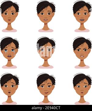 Ensemble d'expressions faciales avatars de femme afro-américaine avec des émotions différentes Illustration de Vecteur