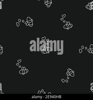 Les abeilles grises et blanches isolées sont amoureuses des coeurs près de leur tête sont disposées dans aucun ordre particulier. Répétition sans couture. Noir craie Illustration de Vecteur