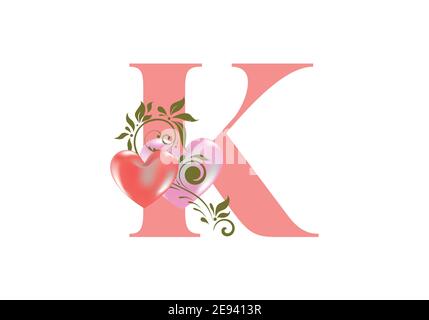 Alphabet floral, lettre K avec deux coeurs. Initiales du monogramme pour les invitations de mariage, la carte de vœux, etc. Concept de la Saint-Valentin Illustration de Vecteur