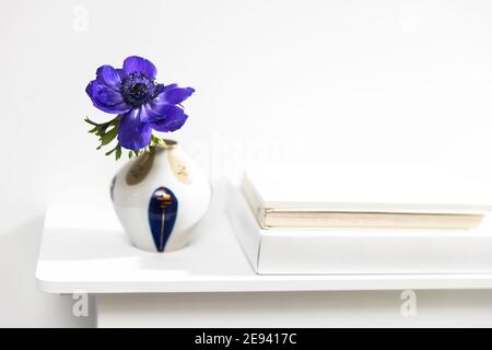 Une anémone bleue dans un vase multicolore dans le style des années 70 sur la table avec des livres comme décoration intérieure. Copier l'espace Banque D'Images