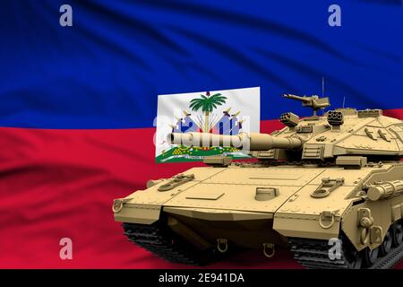 Char lourd avec conception fictive sur fond de drapeau d'Haïti - concept moderne des forces armées de chars, militaire 3D Illustration Banque D'Images