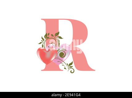 Alphabet floral, lettre R avec deux coeurs. Initiales du monogramme pour les invitations de mariage, la carte de vœux, etc. Concept de la Saint-Valentin Illustration de Vecteur