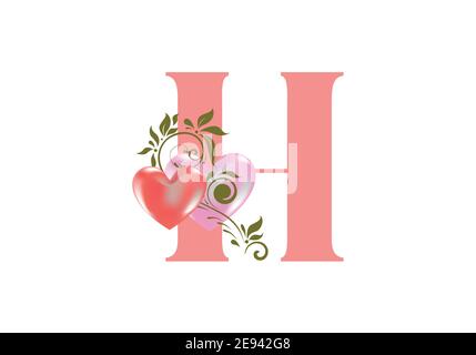 Alphabet floral, lettre H avec deux coeurs. Initiales du monogramme pour les invitations de mariage, la carte de vœux, etc. Concept de la Saint-Valentin Illustration de Vecteur