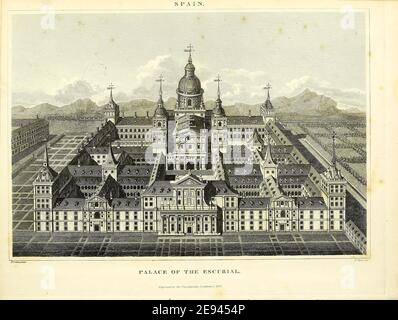 El Escorial ou le site royal de San Lorenzo de El Escorial (ou Monasterio del Escorial), est une résidence historique du roi d'Espagne, dans la ville de San Lorenzo de El Escorial, à environ 45 kilomètres (28 miles) au nord-ouest de la capitale espagnole, Madrid. C'est l'un des sites royaux espagnols et fonctionne comme un monastère, une basilique, un palais royal, un panthéon, une bibliothèque, un musée, une université, une école et un hôpital. Gravure sur plaque de coperplate de l'Encyclopedia Londinensis or, Dictionnaire universel des arts, des sciences et de la littérature; Volume XXIII; édité par Wilkes, John. Publié à Londres en 1828 Banque D'Images