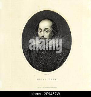 Portrait de William Shakespeare [ici comme Shakspeare] (baptête. 26 avril 1564 – 23 avril 1616) était un dramaturge, poète et acteur anglais, largement considéré comme le plus grand écrivain de langue anglaise et le plus grand dramaturge du monde. Gravure sur plaque de coperplate de l'Encyclopedia Londinensis or, Dictionnaire universel des arts, des sciences et de la littérature; Volume XXIII; édité par Wilkes, John. Publié à Londres en 1828 Banque D'Images