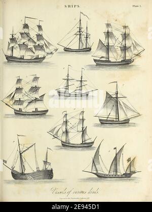 Navires navires de divers types gravure de Copperplate de l'Encyclopedia Londinensis or, Dictionnaire universel des arts, des sciences et de la littérature; Volume XXIII; édité par Wilkes, John. Publié à Londres en 1828 Banque D'Images