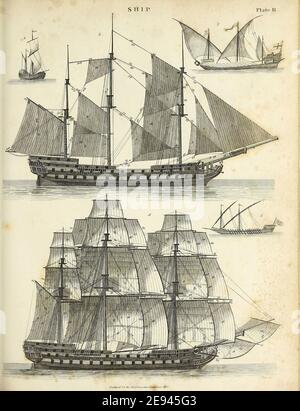 Navires navires de divers types gravure de Copperplate de l'Encyclopedia Londinensis or, Dictionnaire universel des arts, des sciences et de la littérature; Volume XXIII; édité par Wilkes, John. Publié à Londres en 1828 Banque D'Images