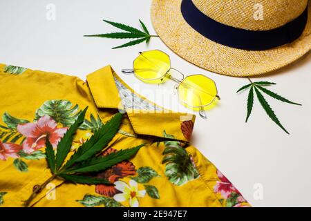 Lunettes de soleil jaunes, chapeau, feuilles de marijuana, chemise jaune - assemblées sous forme de portrait d'un homme. Rien de style Banque D'Images