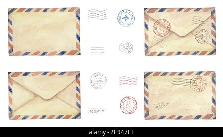 Aquarelle ancienne poste isolée sur fond blanc dans un style vintage avec des timbres et des enveloppes dessinés à la main. Aquarelle dessinée à la main il Banque D'Images