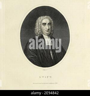 Jonathan Swift (30 novembre 1667 – 19 octobre 1745) était satiriste, essayiste, pamphlétaire politique anglo-irlandais (d'abord pour les Whigs, puis pour les Tories), poète et religieux anglican qui devint doyen de la cathédrale Saint-Patrick à Dublin, d'où son sobriquet commun, 'dian Swift'. On se souvient de SWIFT pour des œuvres telles qu'UNE Tale d'un Tub (1704), un argument contre l'abolition du christianisme (1712), les voyages de Gulliver (1726) et UNE modeste proposition (1729). Il est considéré par l'Encyclopedia Britannica comme le plus prose satirist de la langue anglaise, et est moins bien connu pour sa poésie. À l'origine Banque D'Images