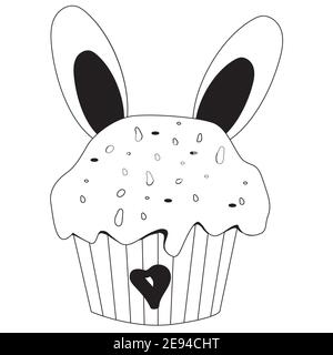 Cupcake de Pâques avec oreilles de lapin. Dessin vectoriel. Ligne noire, contour. Dessert festif pour la décoration, le design et les cartes joyeuses Pâques Illustration de Vecteur