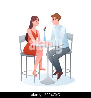 Couple romantique le jour, deux amoureux adultes assis dans le restaurant, tenant les mains, parlant Illustration de Vecteur