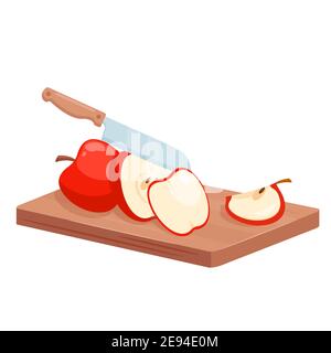 Couper la pomme en morceaux, coupe isométrique en bois avec des tranches de pomme fraîches dans la cuisine Illustration de Vecteur