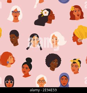 Différentes femmes font face à un motif sans couture avec différents portrait de fille de culture dans un style dessiné à la main. Le concept de fond de l'événement de droits des femmes inclut le noir Illustration de Vecteur