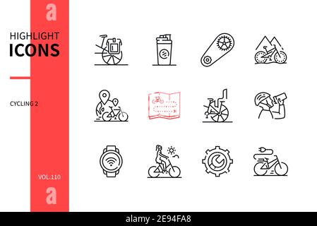 Cyclisme - jeu d'icônes de style de design de ligne moderne. Concept de sport et d'exercice. Idée d'équipement sportif. Vélo électrique et VTT, voyage, carte, siège enfant Illustration de Vecteur