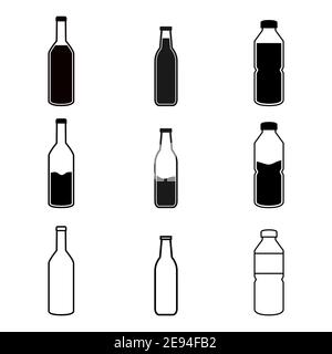 Ensemble d'icônes de bouteille. Vecteur de collecte de bouteilles de vin, de bière et d'eau isolé sur blanc. Illustration de la silhouette de la boisson noire. Illustration de Vecteur