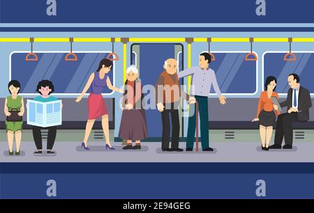 Illustration d'un jeune homme et d'une jeune femme aidant les vieux passagers en métro Banque D'Images