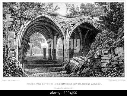 Gravure des vestiges des cloîtres de l'abbaye de Margam, le Glamourganshire a scanné à haute résolution d'un livre publié en 1854. Banque D'Images