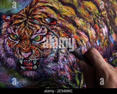 Art, peinture, couleur de l'huile, sourire, mignon, tigre, thaïlande, tigre du Bengale Banque D'Images