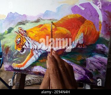 Art, peinture, couleur de l'huile, sourire, mignon, tigre, thaïlande , panthera tigris Banque D'Images