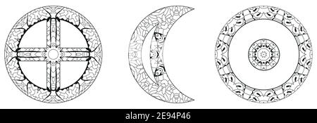 Signes astronomiques, astrologie concept art pour la coloration. Motif tatouage. TERRE, LUNE ET SOLEIL Illustration de Vecteur