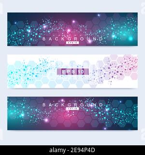 Ensemble de vecteur scientifique moderne des bannières. La structure d'ADN avec des lignes et points. La science et technologie concept. Graphique de flux d'onde Illustration de Vecteur