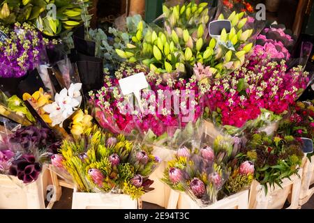 Bouquets de fleurs différentes dans des paniers avec des étiquettes de prix de vente à un marché de rue en Angleterre Banque D'Images