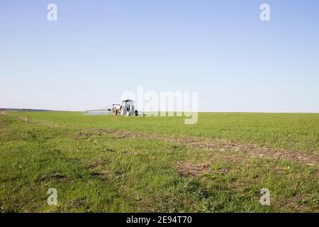 Un agriculteur sur un tracteur travaille sur un champ de blé vert. Vue magnifique sur la Moldavie. Banque D'Images