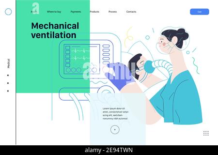Modèle de page Web d'assurance médicale - ventilation mécanique - vecteur plat moderne concept d'illustration numérique - équipement de machine médicale de ventilateur pour Illustration de Vecteur