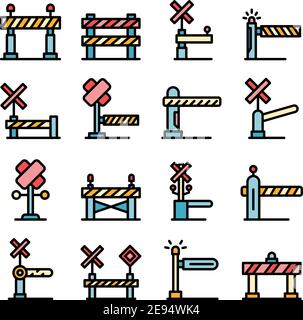 Jeu d'icônes de barrière de chemin de fer. Ensemble de contours de la barrière de chemin de fer vecteur icônes ligne mince couleur plate sur blanc Illustration de Vecteur