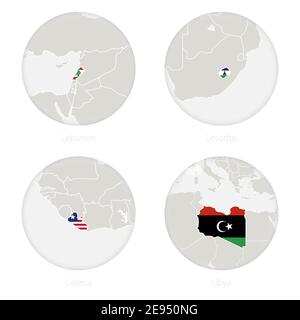 Le Liban, le Lesotho, le Libéria, la Libye, le contour de la carte et le drapeau national dans un cercle. Illustration vectorielle. Illustration de Vecteur