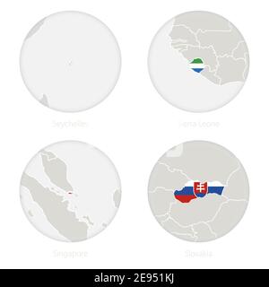 Les Seychelles, la Sierra Leone, Singapour, la Slovaquie, le contour de la carte et le drapeau national en cercle. Illustration vectorielle. Illustration de Vecteur