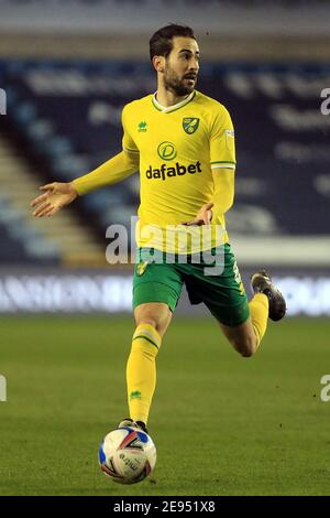 Londres, Royaume-Uni. 02 février 2021. Mario Vrančić de la ville de Norwich en action. EFL Skybet Championship Match, Millwall v Norwich City au Den à Londres le mardi 2 février 2021. Cette image ne peut être utilisée qu'à des fins éditoriales. Utilisation éditoriale uniquement, licence requise pour une utilisation commerciale. Aucune utilisation dans les Paris, les jeux ou les publications d'un seul club/ligue/joueur. photo par Steffan Bowen/Andrew Orchard sports photographie/Alay Live news crédit: Andrew Orchard sports photographie/Alay Live News Banque D'Images