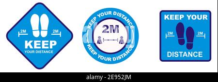 Illustration de trois autocollants de sol différents de distance sociale pendant Pandémie de coronavirus Banque D'Images