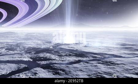 Enceladus, lune de la planète Saturne avec des geysers d'eau, des panaches de vapeur d'eau, illustration 3d Banque D'Images