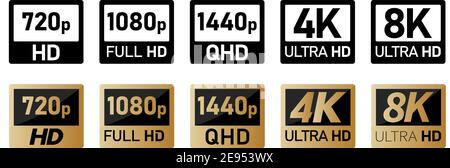 Icônes de résolution d'écran vidéo ou tv définies. Version noir, blanc et doré, taille de 720p à 8k Illustration de Vecteur