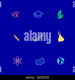 Icônes de sujets scolaires. Symboles pour le secteur de l'éducation. Vecteur de haute qualité sur fond bleu. Illustration de Vecteur