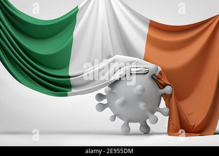 Le drapeau national de l'Irlande a drapé une molécule de la maladie du virus Covid. Rendu 3D Banque D'Images