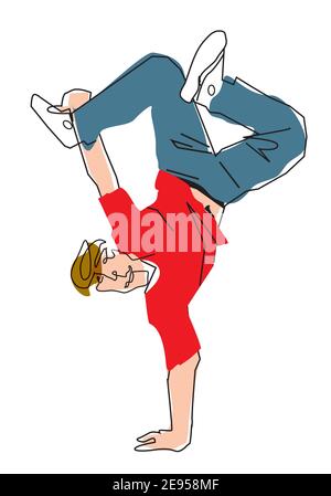 Acrobatique break danseur breakdancing jeune homme handstand, . Art de ligne stylisé Illustration d'un garçon dansant. Vecteur disponible. Illustration de Vecteur