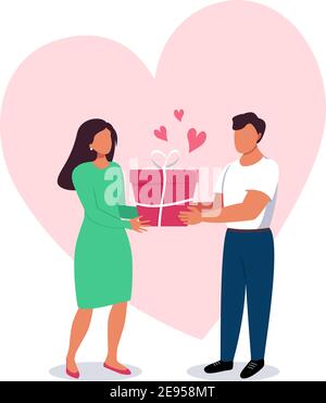 Homme et femme avec une boîte cadeau dans leurs mains avec un grand coeur sur le fond. Illustration de Vecteur