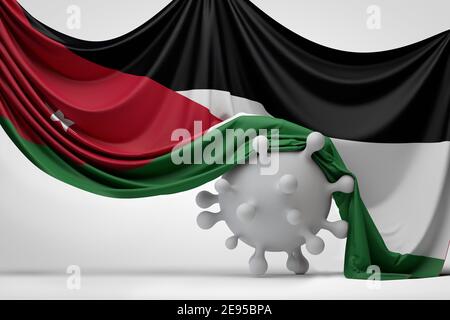 Le drapeau national de la Jordanie a drapé une molécule de la maladie du virus Covid. Rendu 3D Banque D'Images